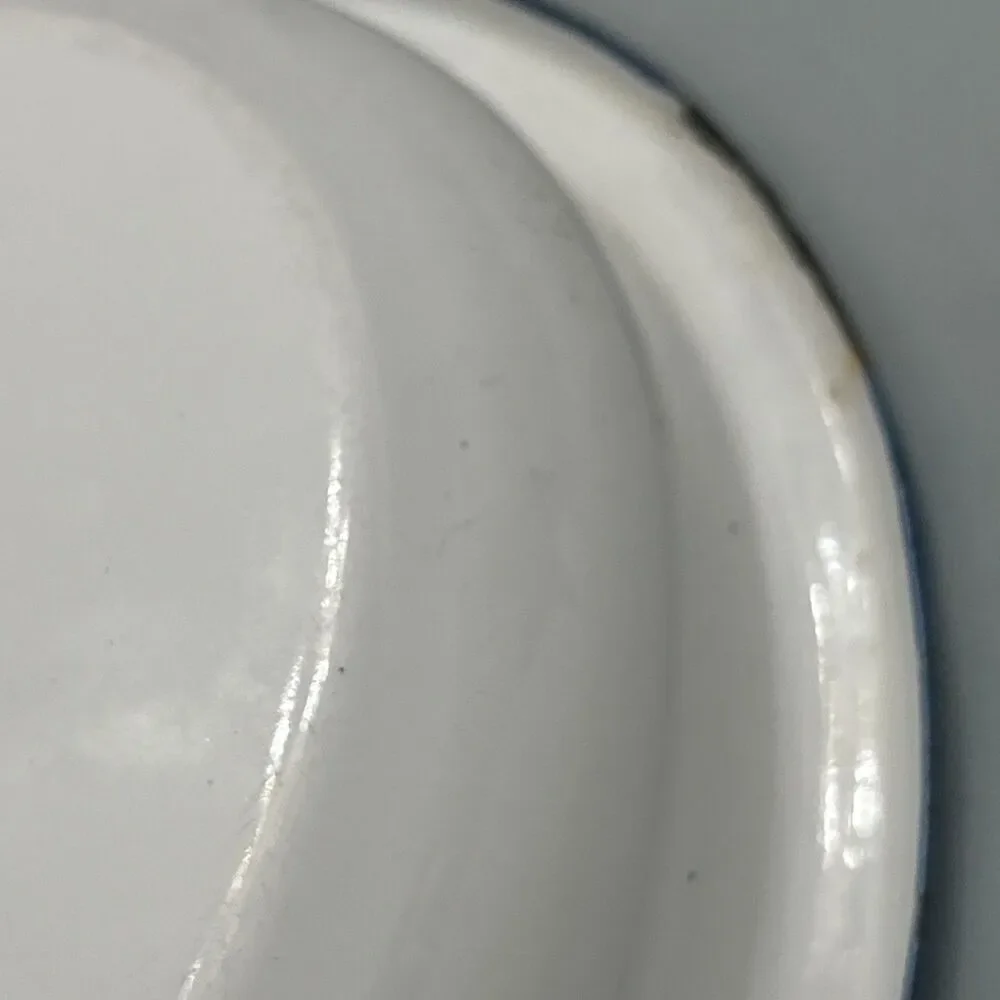 Vtg Enamelware Floral Print Rose Cinsa Brand Saltillo Mexico Oval Blue Trim